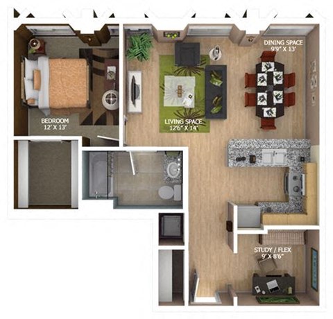 Floor plan for 1 bed, 1 bath, 1005 sqft